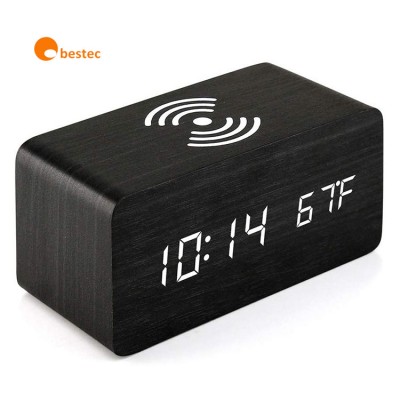 New wireless phone charging pad LED dual screen wood clock