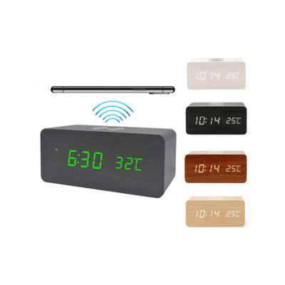 Christmas gift Multi-function Digital Qi Fast Wooden Wireless Charger Alarm Clock