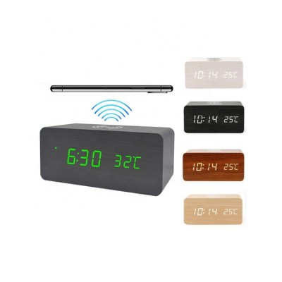 Eco-friendly Creative Multifunction 2 in 1 Wooden LED Alarm Clock QI Mobile Phone Wireless Charger