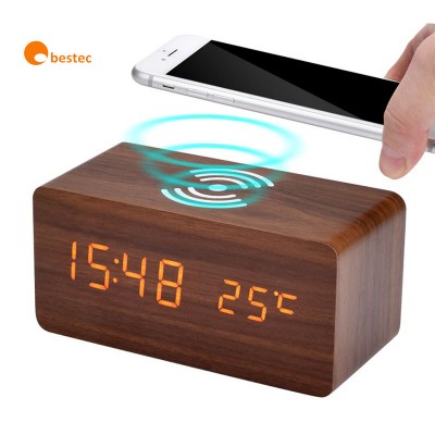 Wooden Qi Fast Wireless Charger With Digital Led Clock Wooden Qi Wireless Charger Alarm Clock