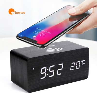 CE ROHS FCC EMC LVD Qi certificated Wooden Digital Led Alarm Clock Fast Wireless Charger