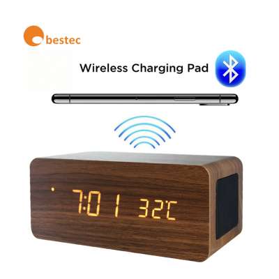 Hot sale Mobile phone QI wireless charging Bluetooth speaker desktop led wooden alarm clocks with temperature RED display