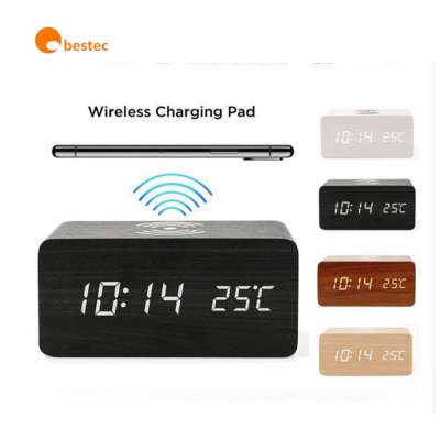 Hospital bar shop Restaurant hotel coffee Table Wooden Digital Led Alarm Clock Fast Wireless Charger